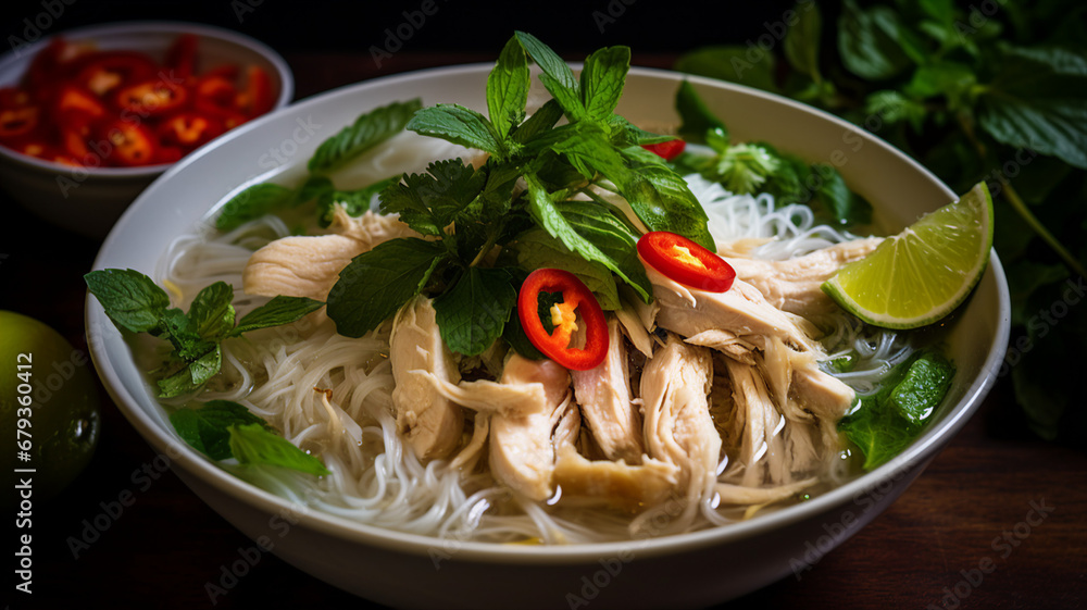 Wall mural Chicken Pho Soup with Rice Noodles and Herbs - Wall murals