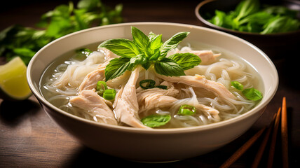 Chicken Pho Soup with Rice Noodles and Herbs