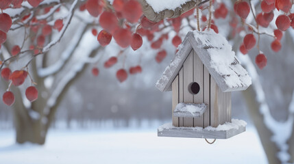 Bird box under snow during the winter