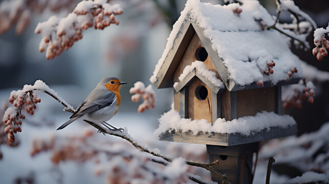 Bird box under snow during the winter