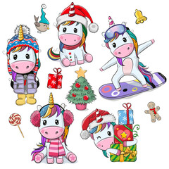 Set of Cute Cartoon Christmas Unicorns