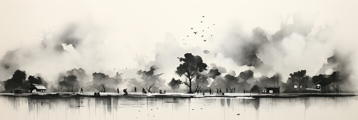 Black ink paint of lake and mountains. Oriental  minimalistic Japanese illustrative style. copyspace for your text. - obrazy, fototapety, plakaty
