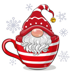 Cartoon Christmas Gnome is sitting in a red striped Cup