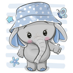 Cartoon Elephant in panama hat on a striped background