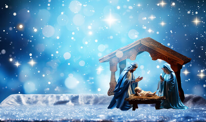 the Christmas story of the baby Jesus in the Christmas manger and the holy family - obrazy, fototapety, plakaty