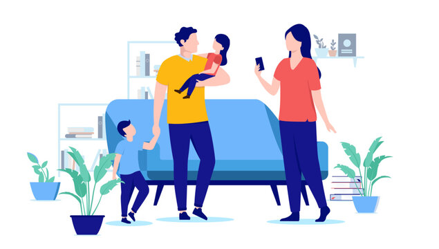 Family at home - Parents with two children standing in living room together taking photo with mobile phone. Flat design vector illustration with white background