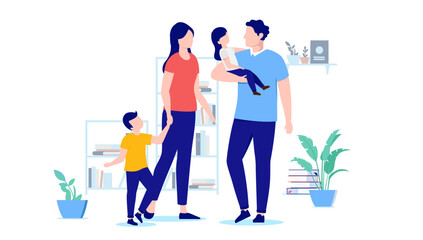 Parents with children - Casual family of mother, father, son and daughter standing together with kids indoors at home. Flat design vector illustration with white background