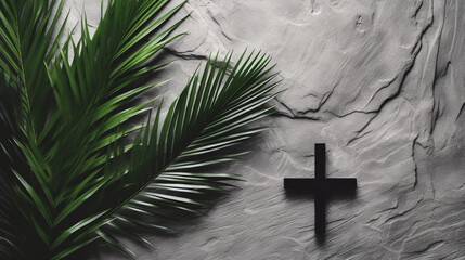 Beautiful Vintage crucifix cross with palm leaves on dark stone background . - obrazy, fototapety, plakaty
