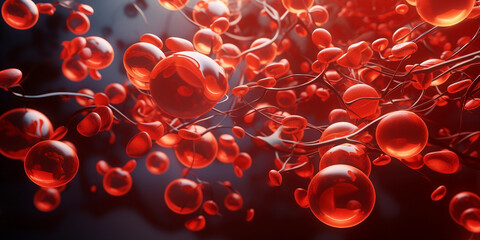 Microscopic view of red and white blood cells flowing in a vessel, hyper-realistic 3D model, cinematic lighting, contrast shadows