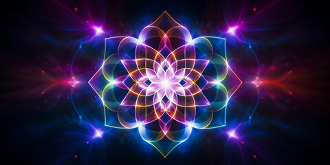 Obraz premium Sacred geometry, Flower of Life, overlapping circles, neon lines, holographic backdrop, fluctuating
