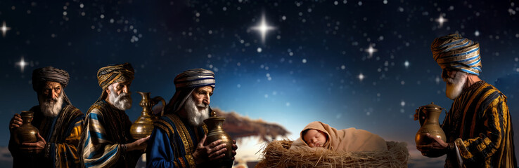Christmas story the Magi five kings brought gifts to the baby Jesus in the Christmas manger - obrazy, fototapety, plakaty