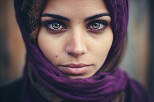 Young and charming Muslim woman eyes in a purple headscarf