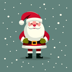 Santa in a red suit in the middle of snowflakes on a gray-green background. Depicted in a stylized cartoon style, it recreates the Christmas mood, perfect for holiday cards and decor