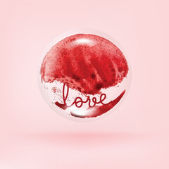 Happy Valentine's day glossy ball with pink watercolor stain brush painting background.