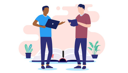 Two students doing school work - Young men with book and laptop working together on education in front of big open book. Flat design vector illustration with white background