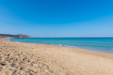 View of the sea in the Island with sandy beach, cloudless and clear water. Tropical colours, peace and tranquillity. Turquoise sea. Falasarna beach, Crete island, Greece.