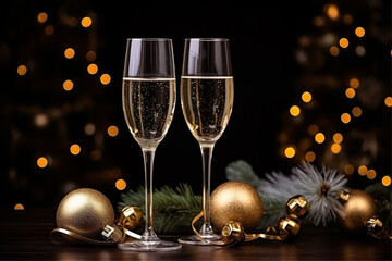 champagne glasses with christmas decorations