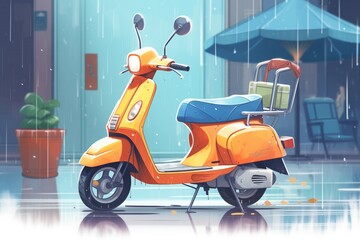 rain-soaked electric scooter on a gloomy day