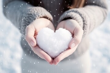 Snow heart in hands closeup, heart shaped snowball outdoors. Love concept. Valentine day background.