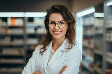 Portrait of a charming young Caucasian female pharmacist wearing glasses with arms folded on her chest among shelves with medicines in a pharmacy. Experienced confident professional in the workplace.