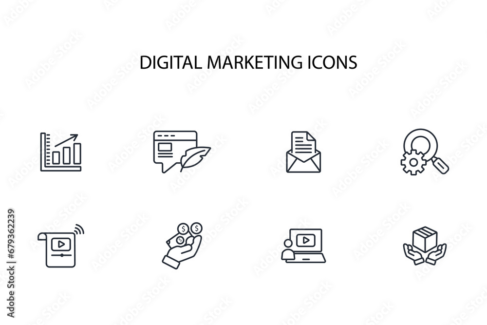 Poster digital marketing icon set.vector.editable stroke.linear style sign for use web design,logo.symbol i