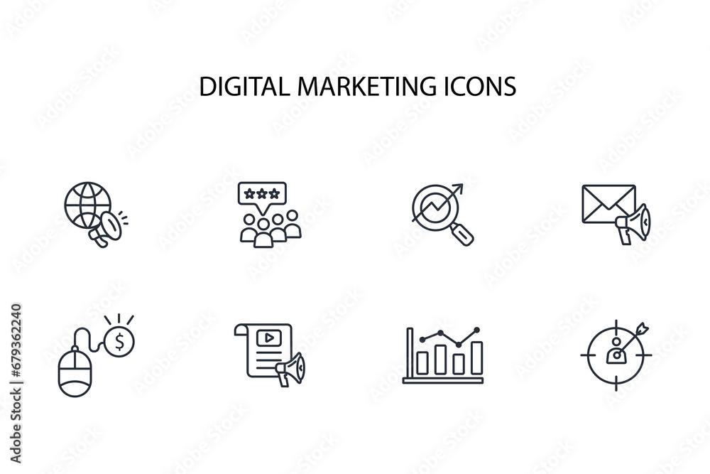Poster digital marketing icon set.vector.editable stroke.linear style sign for use web design,logo.symbol i