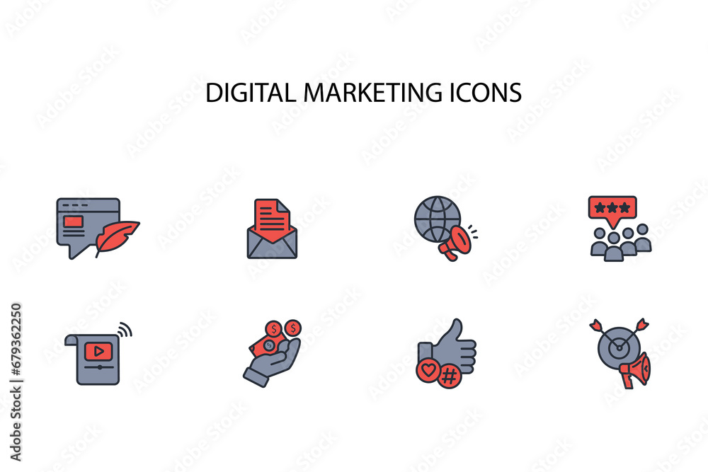 Poster digital marketing icon set.vector.editable stroke.linear style sign for use web design,logo.symbol i