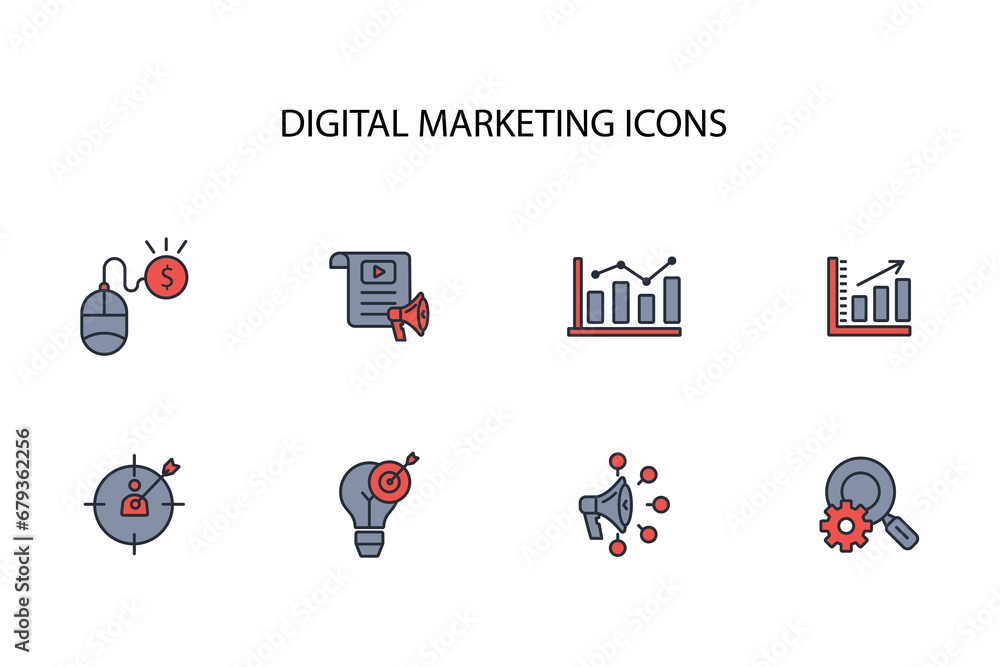 Poster digital marketing icon set.vector.editable stroke.linear style sign for use web design,logo.symbol i