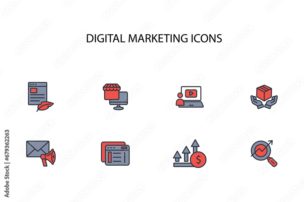 Poster digital marketing icon set.vector.editable stroke.linear style sign for use web design,logo.symbol i