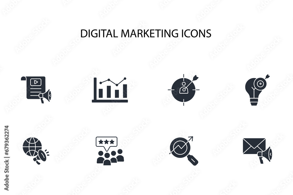 Poster digital marketing icon set.vector.editable stroke.linear style sign for use web design,logo.symbol i