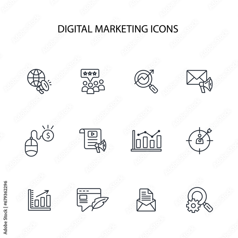 Poster digital marketing icon set.vector.editable stroke.linear style sign for use web design,logo.symbol i