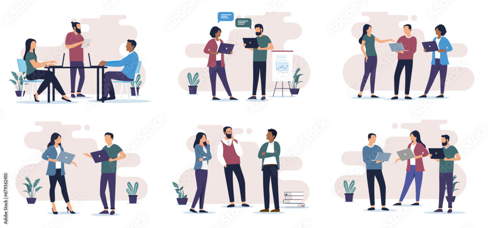 Poster people working in office collection - set of vector illustrations with businesspeople at work using 