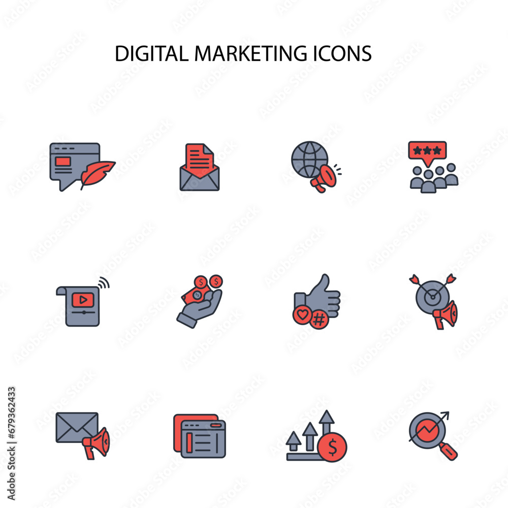 Poster digital marketing icon set.vector.editable stroke.linear style sign for use web design,logo.symbol i