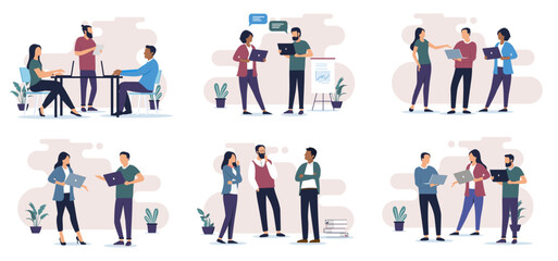 People working in office collection - Set of vector illustrations with businesspeople at work using computers, talking and doing teamwork together. Flat design with white background