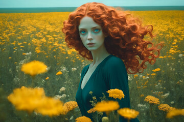 Naklejka premium Beautiful young woman among flowers.