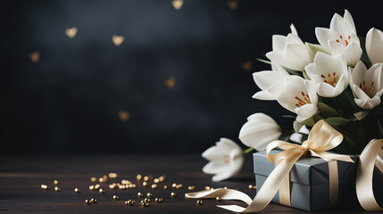 Happy birthday banner with bouquet of tulips and gift box on black background. 3d realistic style. - obrazy, fototapety, plakaty
