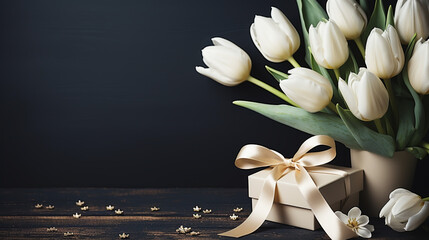 Happy birthday banner with bouquet of tulips and gift box on black background. 3d realistic style.