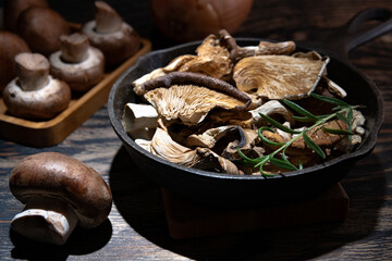 various dried mushrooms on dark wooden table.