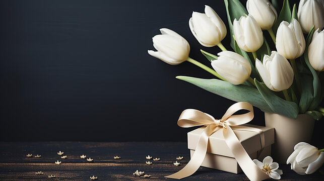 Happy birthday banner with bouquet of tulips and gift box on black background. 3d realistic style. - Powered by Adobe