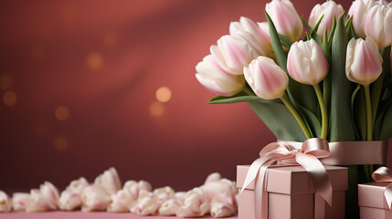 Mother's Day concept. stylish pink giftbox with ribbon bow and bouquet of tulips on isolated pastel pink background with copyspace