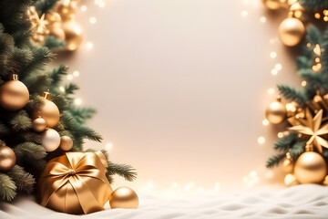 Christmas background with trees, snow, and decorations