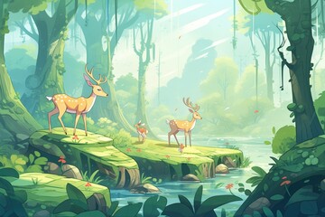 deers grazing peacefully in a lush green forest