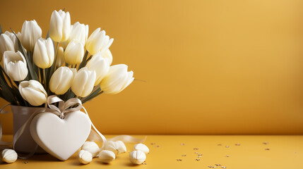 A bouquet of yellow tulips in a vase on the floor. A gift to a woman's day from yellow tulip flowers. Beautiful yellow flowers in vase by wall.