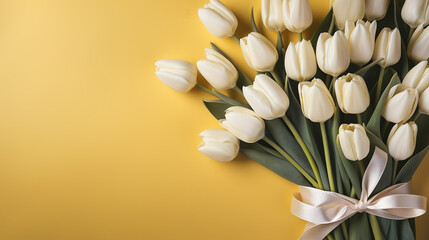 A bouquet of yellow tulips in a vase on the floor. A gift to a woman's day from yellow tulip flowers. Beautiful yellow flowers in vase by wall.
