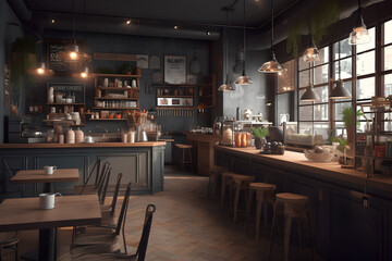 Fototapeta na wymiar Cozy cafe interior. Comfortable dining place