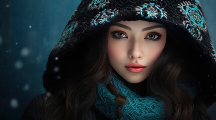 portrait of beautiful asian woman with winter background