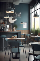 Cozy interior of modern cafe with blue gray walls.