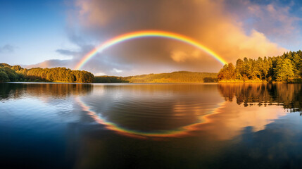 rainbow arching over a tranquil lake, reflections visible, golden hour, soft glow