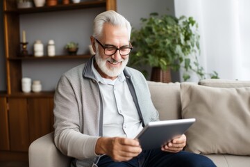 Cheerful senior grey-haired Caucasian man in glasses and casual clothing uses digital tablet while sitting on sofa at home. Focused retired person browsing the Internet, watching news, reading e-book.