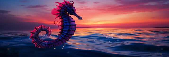 Seahorse silhouette, swirling colors of ocean twilight in the background - obrazy, fototapety, plakaty
